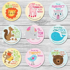 Valentines sticker set with kitty, elephant, bear, squirrel, bird, whale, monkey, deer and lion