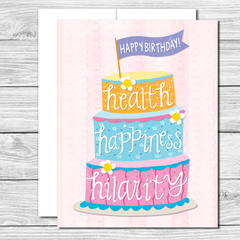Health, happiness & hilarity! Hand drawn birthday card