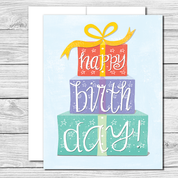 Stack up the gifts! Hand drawn birthday card